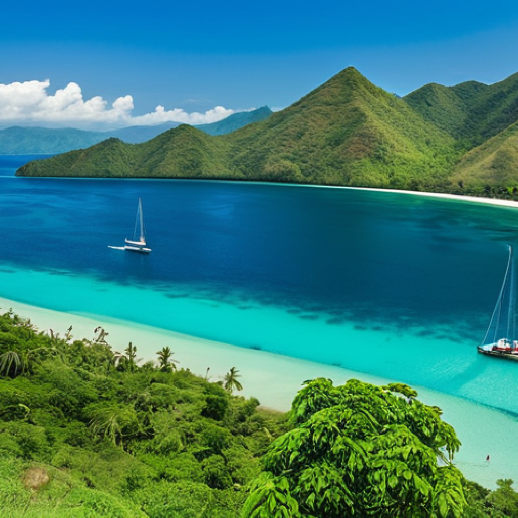 **

"A panoramic view of East Timor's coastline, showcasing a pristine beach with turquoise water meeting lush green mountains in the background, fully clothed tourists enjoying water activities, sailboats on the horizon, sunny tropical weather, appropriate attire, safe for work, perfect anatomy, natural proportions, professional photography, high quality, family-friendly."

**