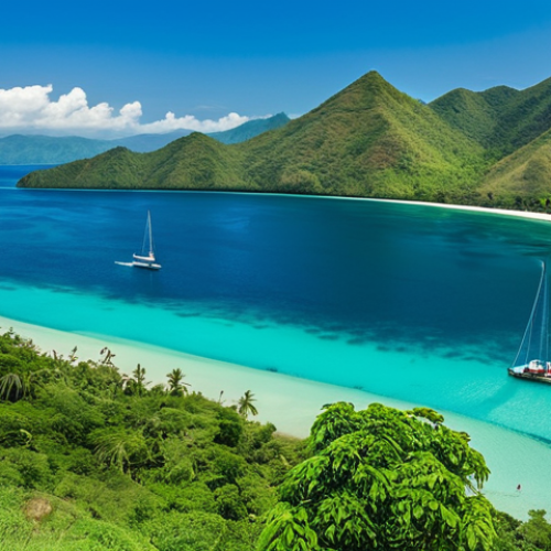 Home 18 **
"A panoramic view of East Timor's coastline, showcasing a pristine beach with turquoise water meeting lush green mountains in the background, fully clothed tourists enjoying water activities, sailboats on the horizon, sunny tropical weather, appropriate attire, safe for work, perfect anatomy, natural proportions, professional photography, high quality, family-friendly."
**