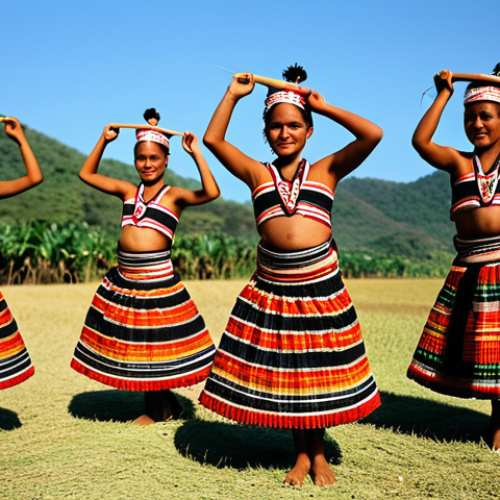 Home 17 **
"Liki dance performance in East Timor. Fully clothed dancers in traditional Tais woven fabrics, performing a fertility dance after the harvest. Safe for work, appropriate content, perfect anatomy, natural pose, professional photography, family-friendly."
**