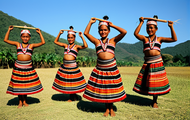 **

"Liki dance performance in East Timor. Fully clothed dancers in traditional Tais woven fabrics, performing a fertility dance after the harvest. Safe for work, appropriate content, perfect anatomy, natural pose, professional photography, family-friendly."

**