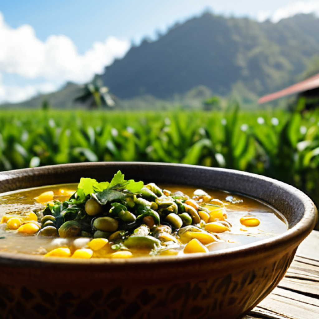 Butar - A Hearty Vegetable Soup**

"A steaming bowl of Butar, a traditional East Timorese soup, filled with corn, mung beans, and pumpkin. The soup is presented in a rustic, earthenware bowl on a wooden table. Natural sunlight illuminates the scene, highlighting the textures of the ingredients. In the background, a blurred view of a traditional East Timorese home. safe for work, appropriate content, fully clothed, professional photography, high quality, perfect anatomy, natural proportions, family-friendly."

**