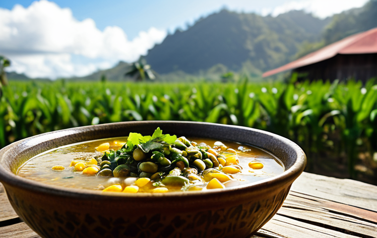Butar - A Hearty Vegetable Soup**

"A steaming bowl of Butar, a traditional East Timorese soup, filled with corn, mung beans, and pumpkin. The soup is presented in a rustic, earthenware bowl on a wooden table. Natural sunlight illuminates the scene, highlighting the textures of the ingredients. In the background, a blurred view of a traditional East Timorese home. safe for work, appropriate content, fully clothed, professional photography, high quality, perfect anatomy, natural proportions, family-friendly."

**