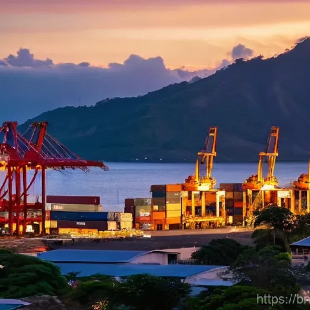 동티모르와 중국의 관계 - **Prompt:** A bustling, modern deep-sea port in Dili, East Timor, at golden hour. The scene is vibra...
