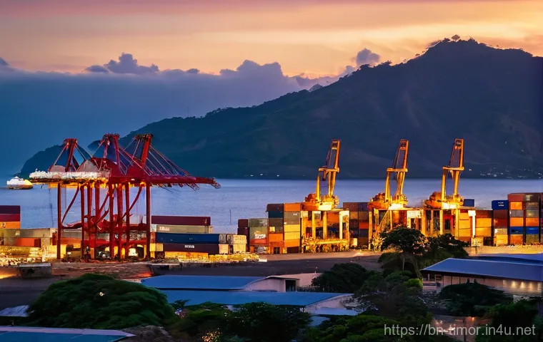 동티모르와 중국의 관계 - **Prompt:** A bustling, modern deep-sea port in Dili, East Timor, at golden hour. The scene is vibra...
