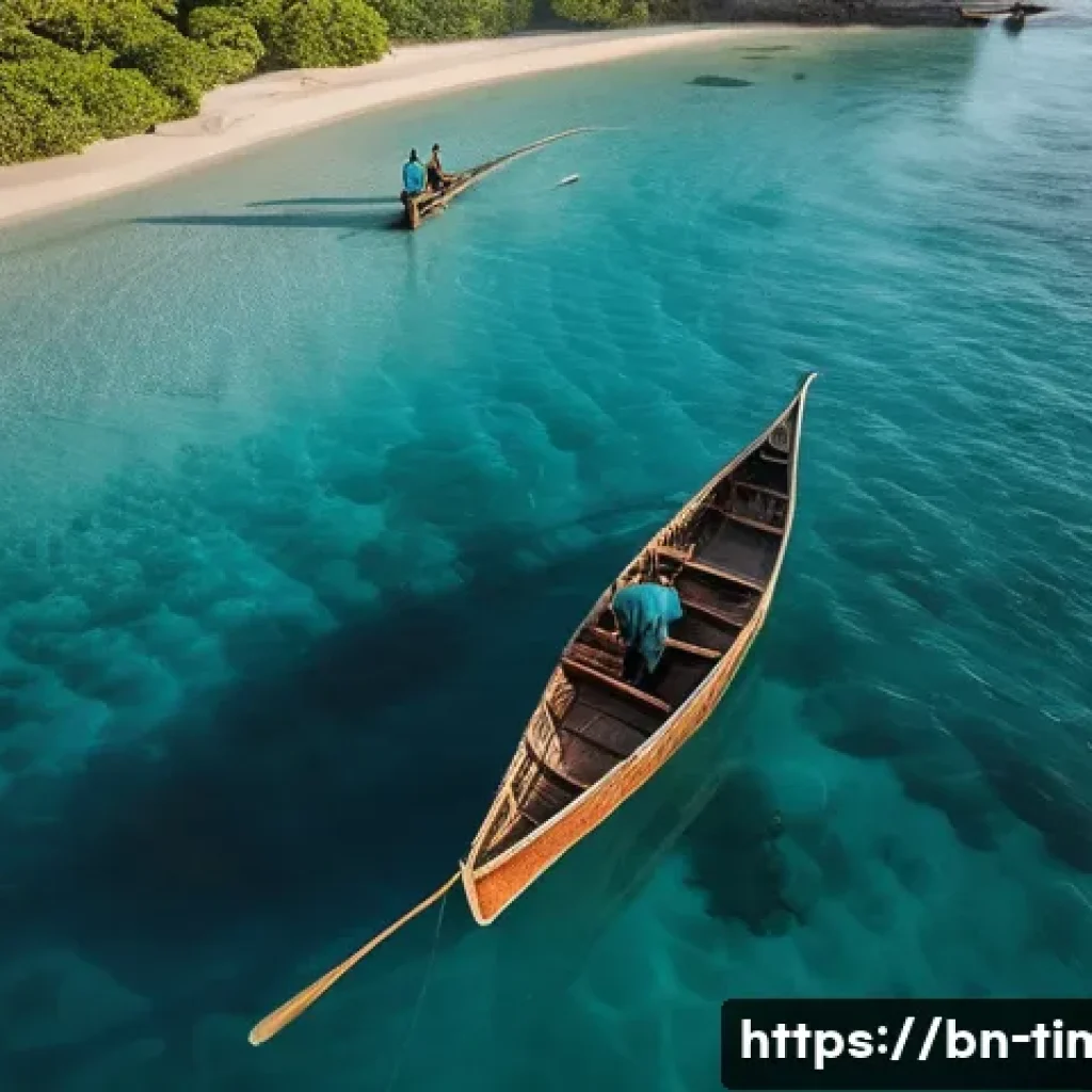동티모르 어업 현황 - **Prompt:** A serene, high-angle drone shot capturing two East Timorese fishermen in a small, tradit...