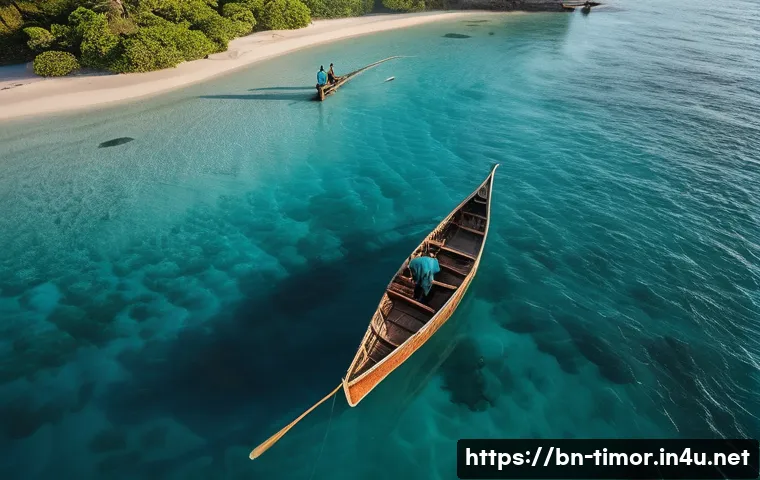 동티모르 어업 현황 - **Prompt:** A serene, high-angle drone shot capturing two East Timorese fishermen in a small, tradit...