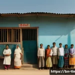 동티모르 국경 분쟁 - A detailed scene of a rural border village in the D.T. More region, showing a diverse group of Benga...