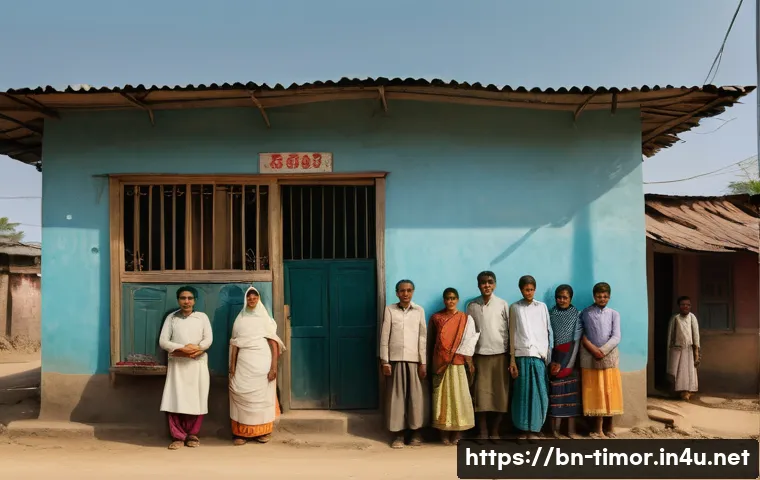 동티모르 국경 분쟁 - A detailed scene of a rural border village in the D.T. More region, showing a diverse group of Benga...