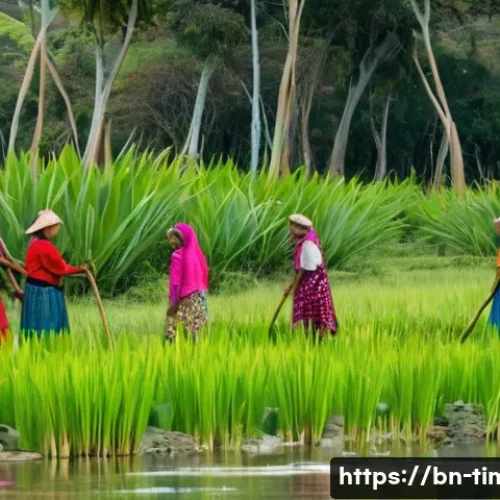 동티모르의 동물 보호 활동 - A vibrant rural village scene in East Timor showing local community members of various ages, includi...
