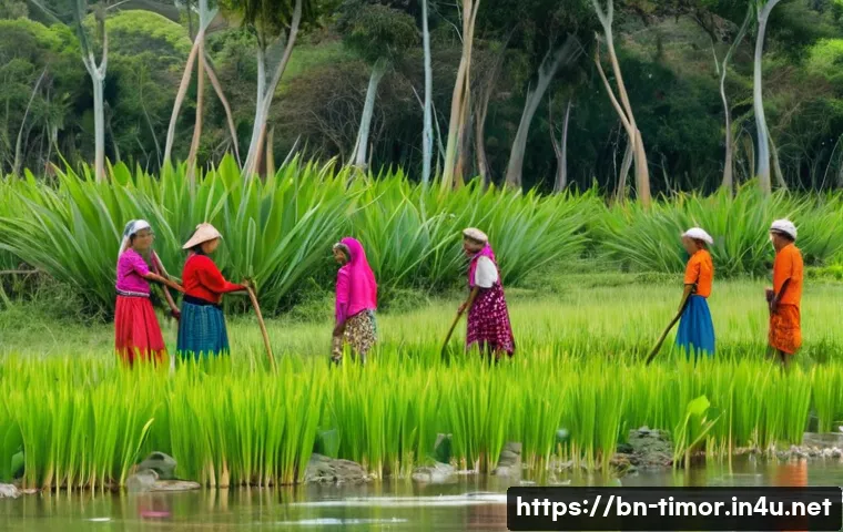 동티모르의 동물 보호 활동 - A vibrant rural village scene in East Timor showing local community members of various ages, includi...
