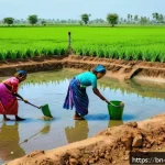동티모르 물 부족 문제 - A vibrant rural scene in Dontimore, showcasing a community-built small water reservoir surrounded by...