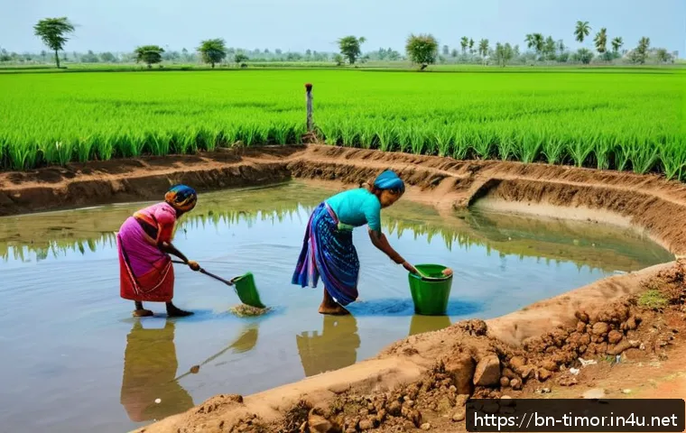 동티모르 물 부족 문제 - A vibrant rural scene in Dontimore, showcasing a community-built small water reservoir surrounded by...