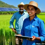 동티모르와 유럽 연합의 관계 - A vibrant scene illustrating sustainable development collaboration between Timorese farmers and Euro...