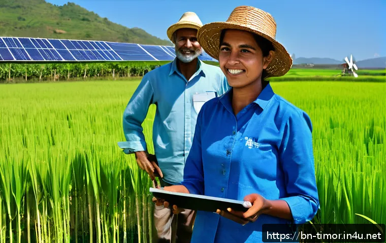 동티모르와 유럽 연합의 관계 - A vibrant scene illustrating sustainable development collaboration between Timorese farmers and Euro...