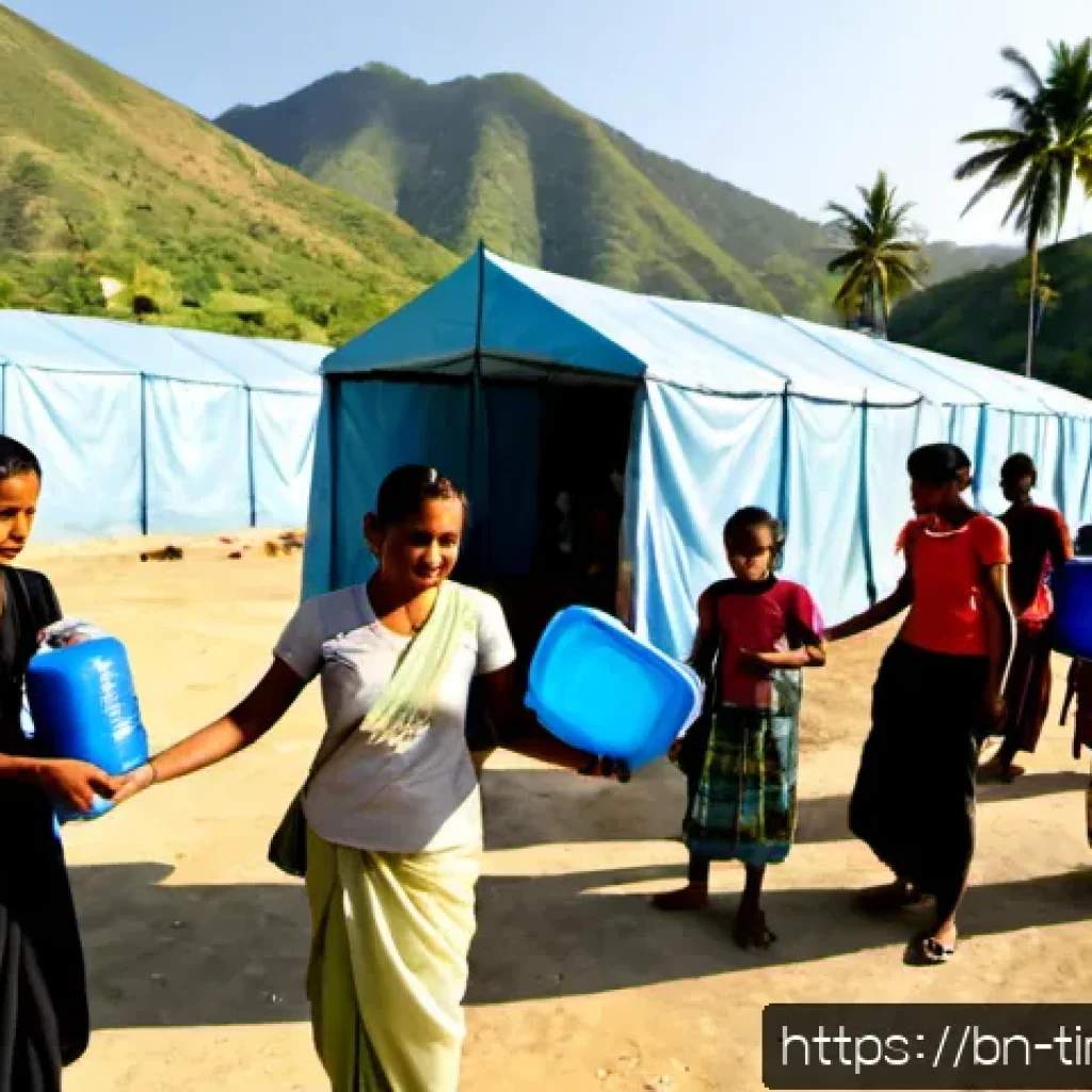 동티모르 난민 문제 - Photorealistic humanitarian scene in a temporary refugee settlement in Timor-Leste, East Timorese fa...
