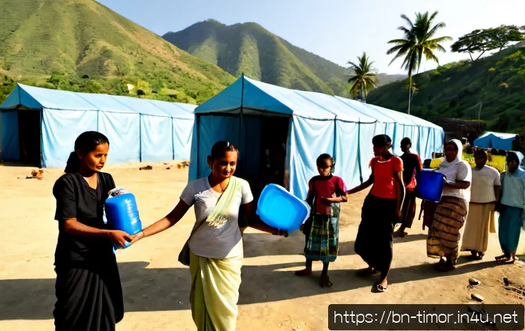 동티모르 난민 문제 - Photorealistic humanitarian scene in a temporary refugee settlement in Timor-Leste, East Timorese fa...